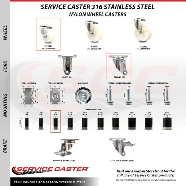 Service Caster 3 Inch 316SS Nylon Wheel Swivel 1 Inch Expanding Stem Caster SCC-SS316EX20S314-NYS-1 - main